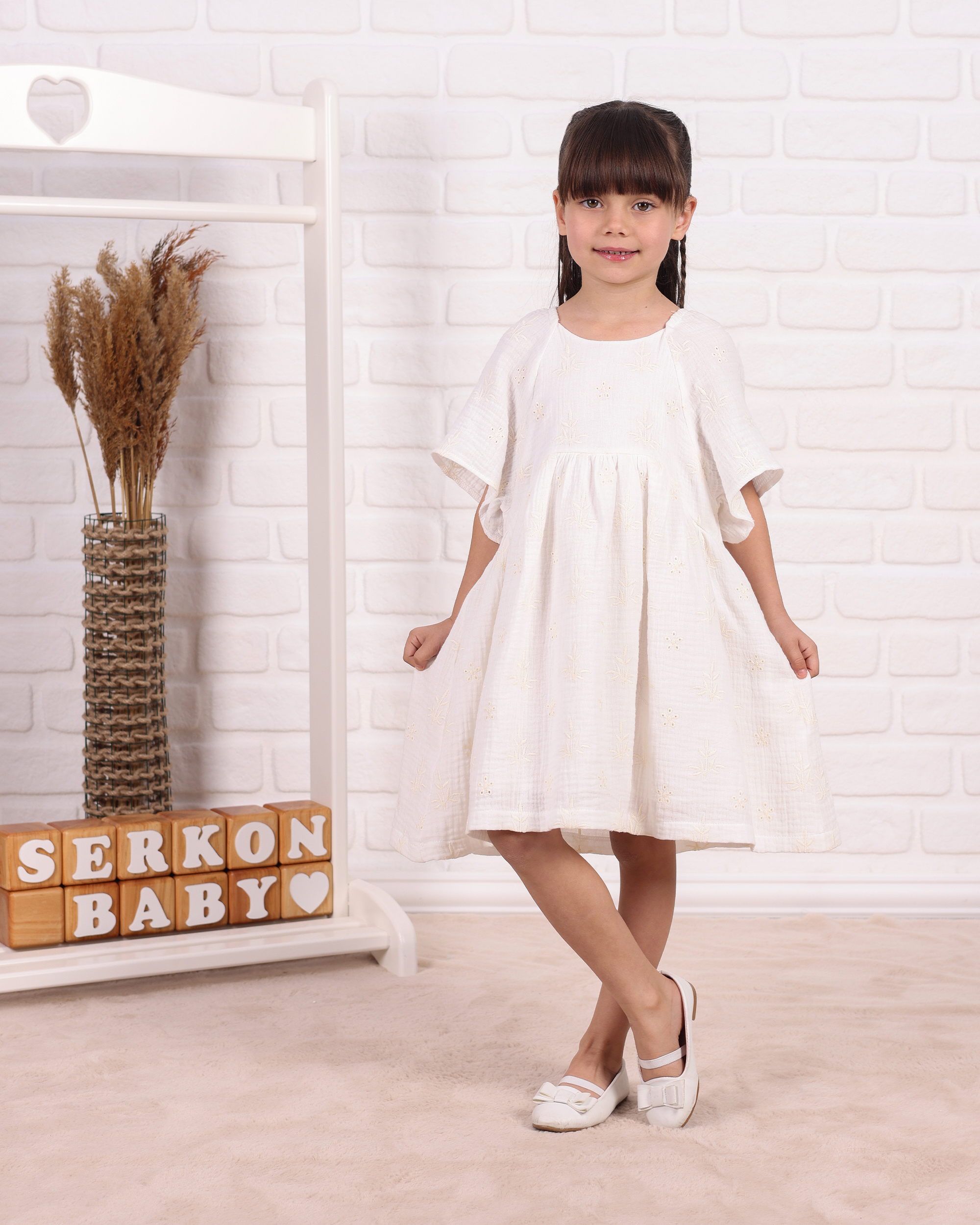 BRODELİ NAKIŞLI MÜSLİN ELBİSE - Beyaz