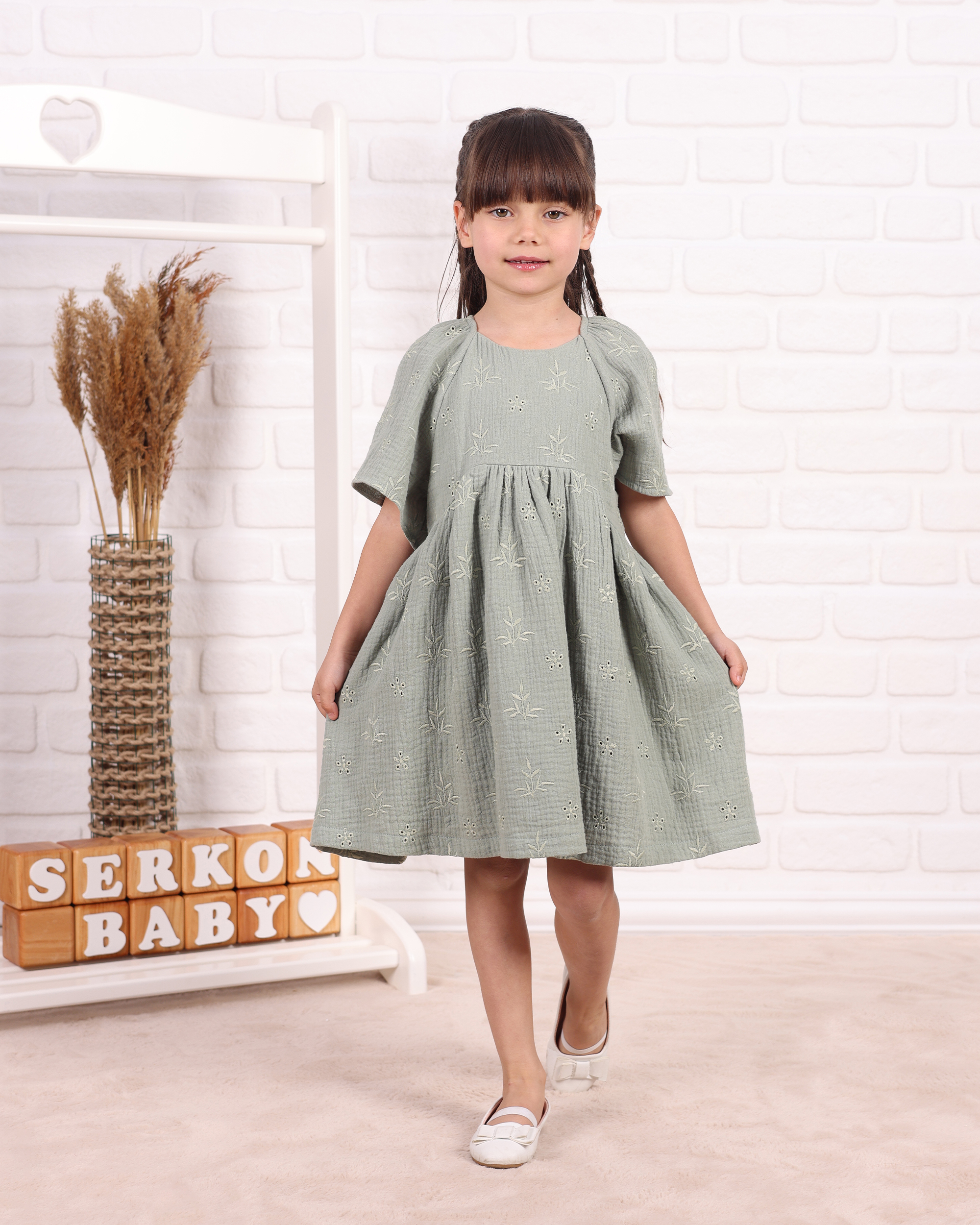 BRODE NAKIŞLI MÜSLİN ELBİ - Haki